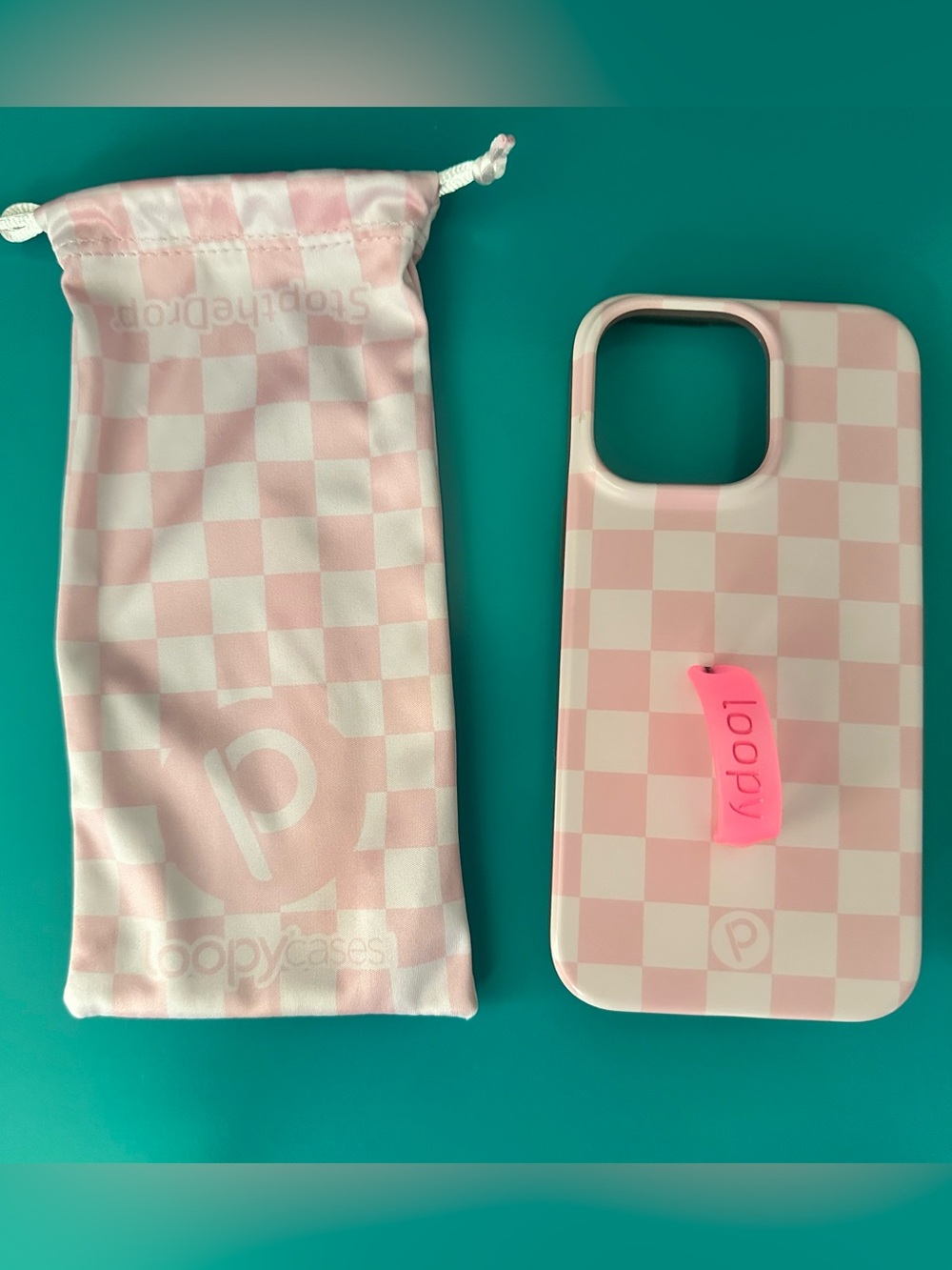Pink Checkered iPhone 14 Pro Max loopy case with Pink Loop